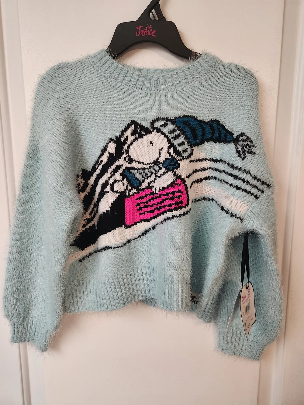 Justice Light Blue Fuzzy Graphic Crew Sweater with Pink Accent